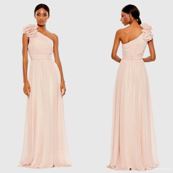 Mac Duggal Dresses & Skirts - Mac Duggal Pink Polka Dot Ruffled One Shoulder Gown